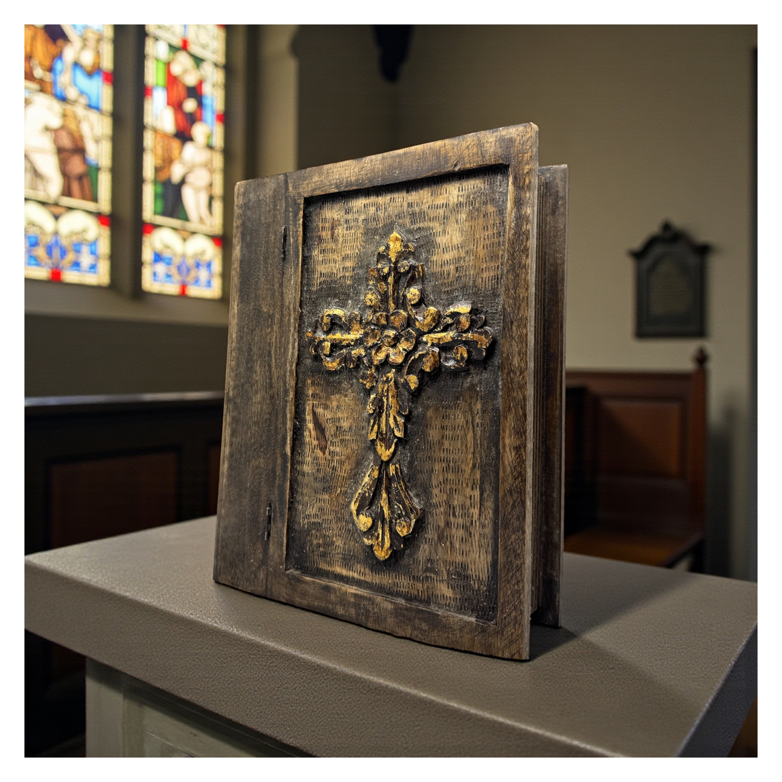 Cross Bible Box-Natural Gold Wash